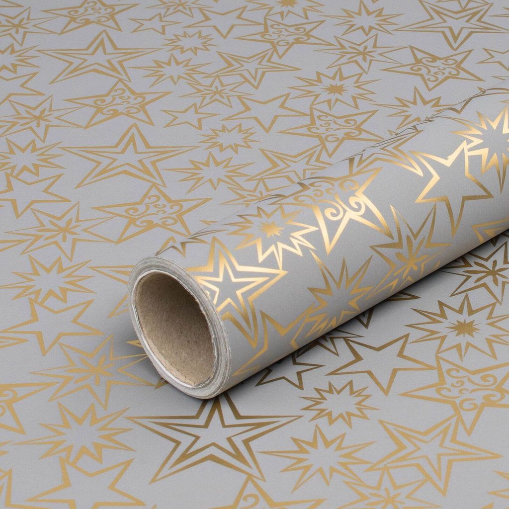 Geschenkpapier für Weihnachten, goldene Sterne, Grau 0,70 x 10 m