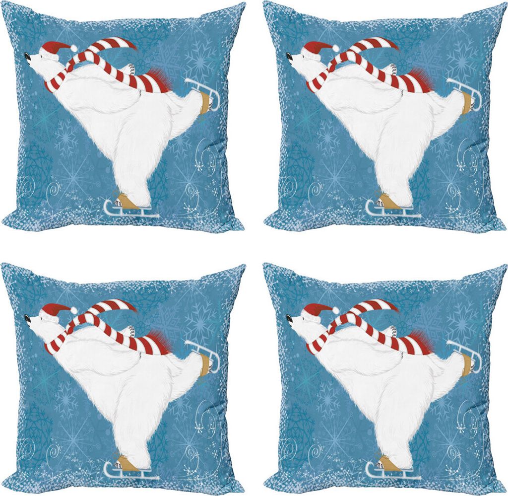 ABAKUHAUS Bär Kissenbezug Set (4 Stück), Schlittschuhlaufen Eisbär, Moderner Doppelseitiger Digitaldruck, 40 cm x 40 cm, Blau Weiss