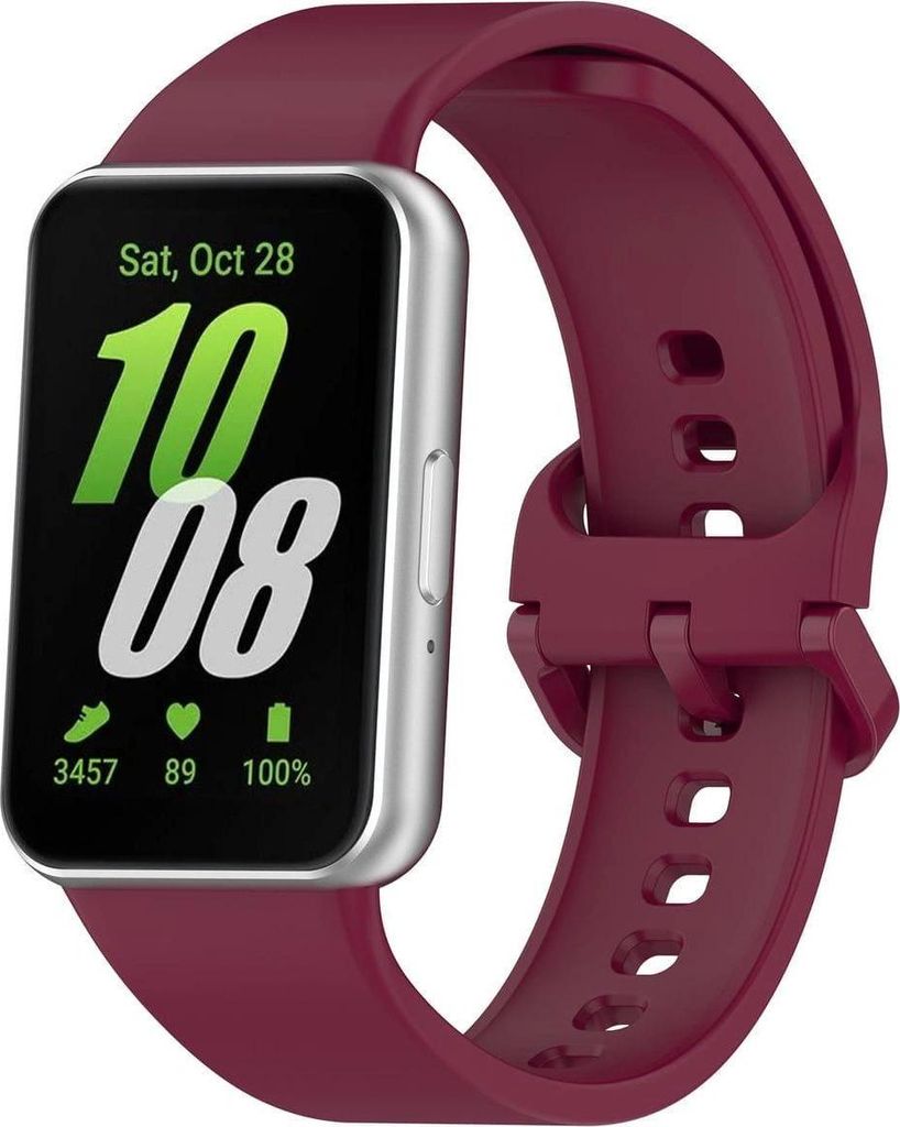 A smartwatch with a burgundy strap and a silver casing is displayed against a white background.