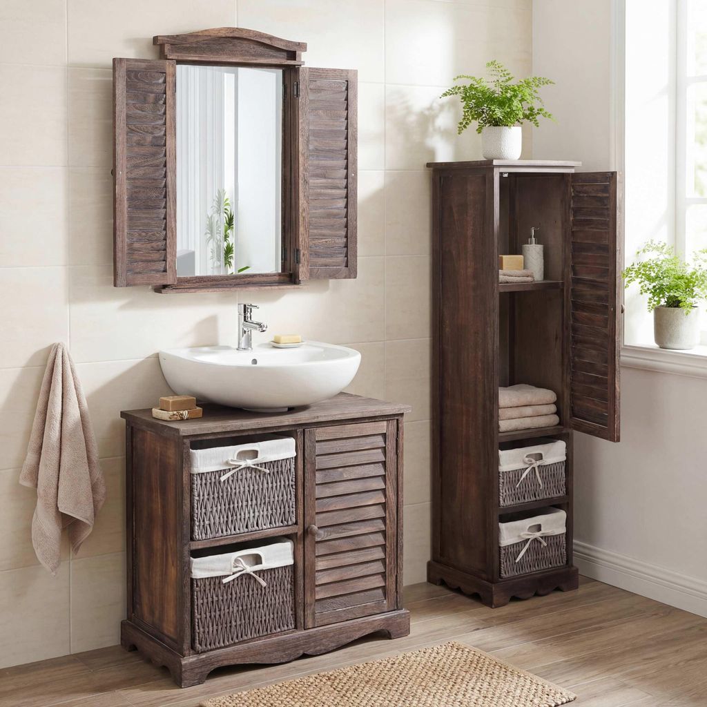 Badezimmerset MCW-H20, Badmöbel-Set Hochschrank Waschbeckenunterschrank Wandspiegel shabby braun