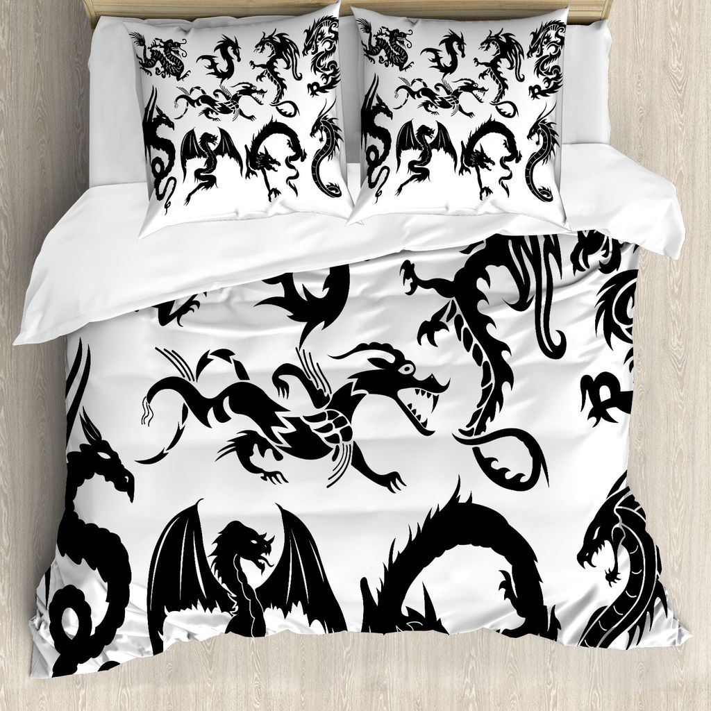 ABAKUHAUS japanische Drachen Bettbezug, Oriental Monochrome, Milbensicher Allergiker geeignet mit Kissenbezügen, 155 cm x 220 cm - 80 x 80 cm, Sch...