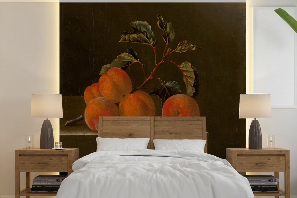MuchoWow Fototapete für Wohnzimmer oder Schlafzimmer Wandtapete Vinyl Motivtapete Stilleben mit fünf Aprikosen - Gemälde von Adriaen Coorte im...