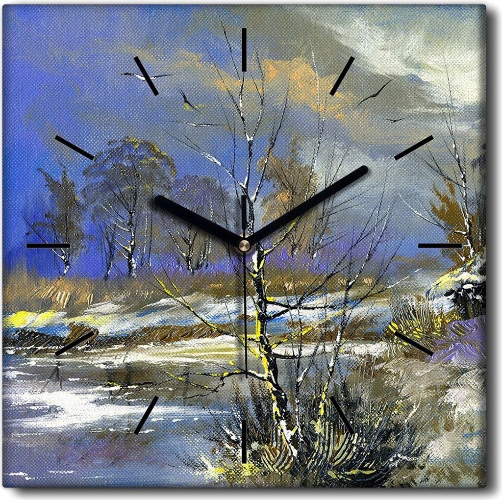 Coloray Uhr auf Leinwand 30x30 cm Wand Uhr Dekoration Wohnzimmer Segeltuch schwarze Hände -Winterwaldlandschaft.