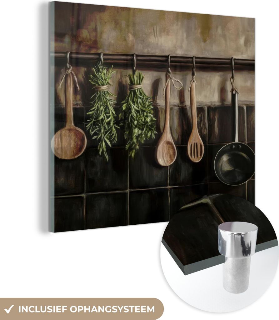 MuchoWow Glasbilder - Bilder auf Wandbild - Foto auf Glas Küchenutensilien - Rustikal - Kacheln - Gewürze 40x40 cm Wanddekoration aus Glas - Acry...