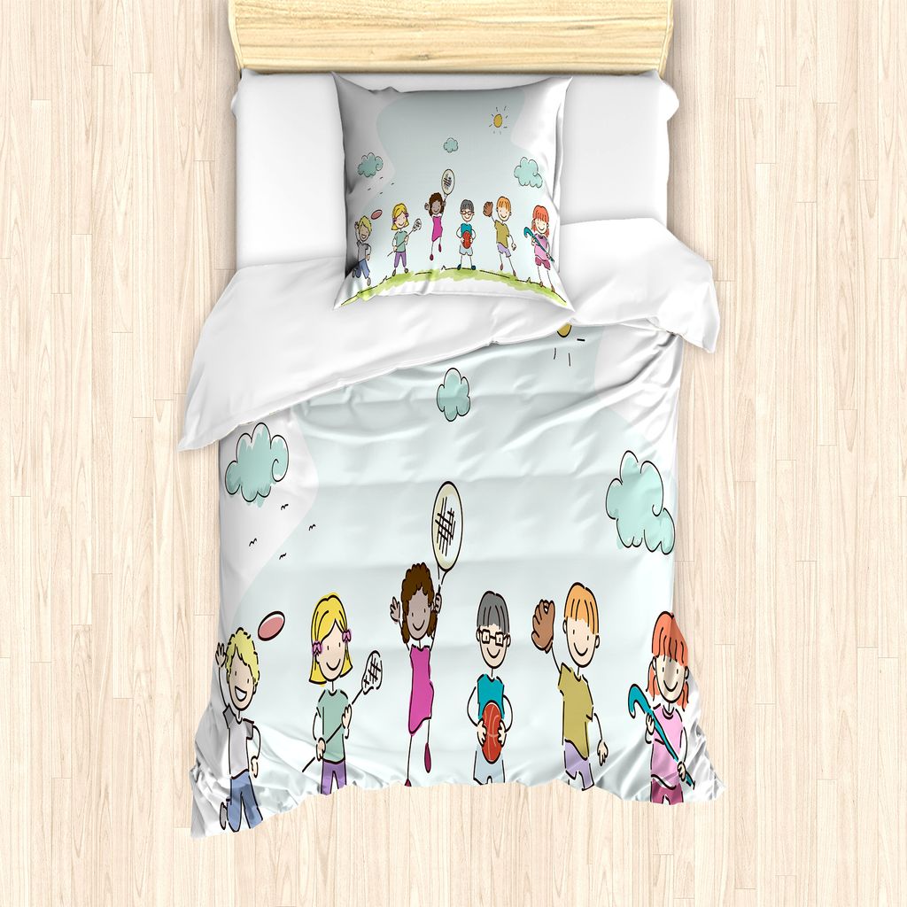ABAKUHAUS Sport Bettbezug Set für Einzelbetten, Cartoon Tag in Park, Milbensicher Allergiker geeignet mit Kissenbezug, 135 cm x 200 cm - 80 x 80 c...