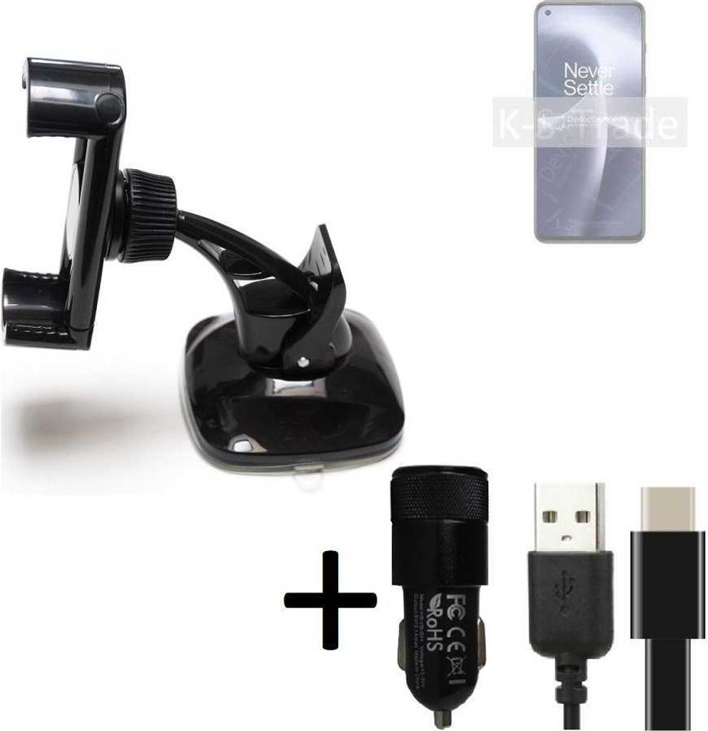 K-S-Trade Handy-Halterung kompatibel mit OnePlus Nord 2T Windschutzscheibe / Armaturenbrett + LADEGERÄT mit Mico USB Kabel Autohalterung