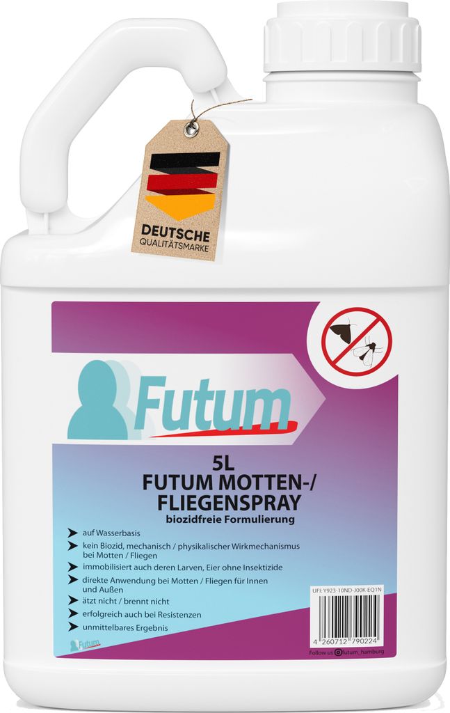 FUTUM 5 Liter Mottenspray / Fliegenspray | Biozidfrei gegen Motten & Fliegen | Wasserbasis | schnell & Direktwirkung | fleckenfrei