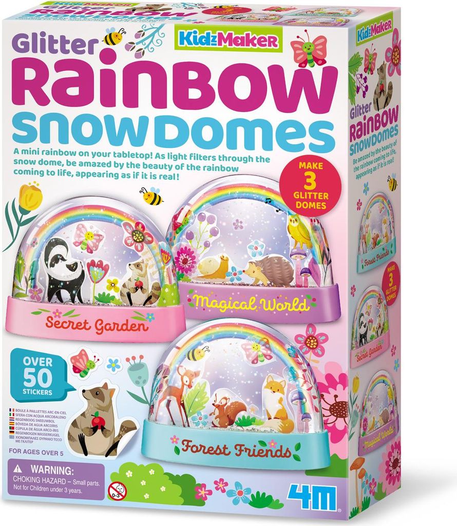 The image shows the packaging for a "Glitter Rainbow Snow Domes" craft kit. The box displays illustrations of the snow domes and their contents, along with product information.