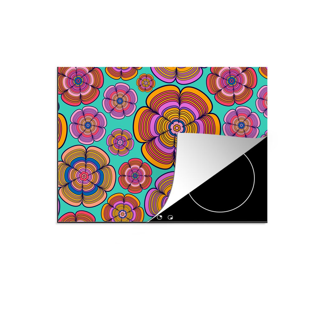 KitchenYeah Herdabdeckplatte Design - Flower Power - Farben , 75x52cm, Küche Deko, Glaskeramikkochfeld Herdabdeckung, Abdeckplatte fùr Kochfeld