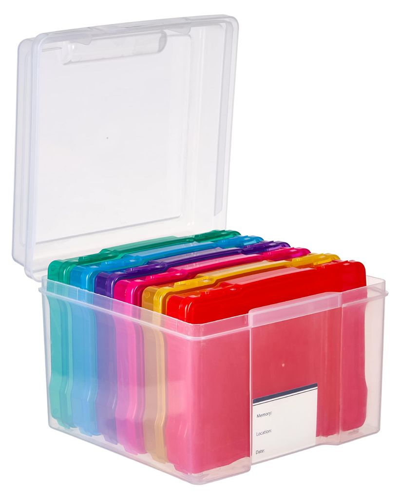 Mehrfarbige Fotoaufbewahrungsbox (21,5 x 21,5 x 16,5 cm) – Fotoorganizer mit 6 Fächern und Etiketten – Multifunktionale Fotobox für Bastelmat...