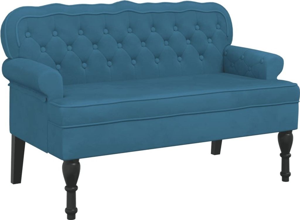 A blue velvet bench with tufted backrest and rolled arms, shown from the front.
