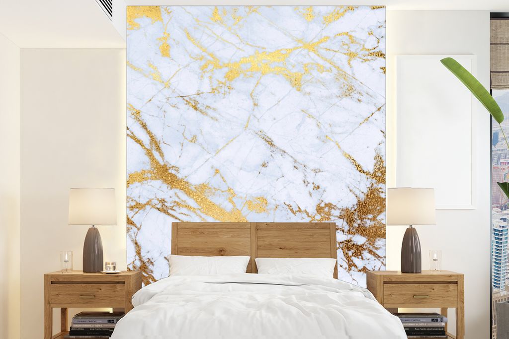 MuchoWow Fototapete für Wohnzimmer oder Schlafzimmer Wandtapete Vinyl Motivtapete Marmor - Gold - Weiß - Luxe - Marmoroptik - Glitzer - 205x280...