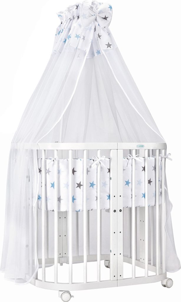 Mobiles Babybett aus Holz 7in1 mit Matratze, mitwachsend,Stoffe Sterne blau,Holz weiß
