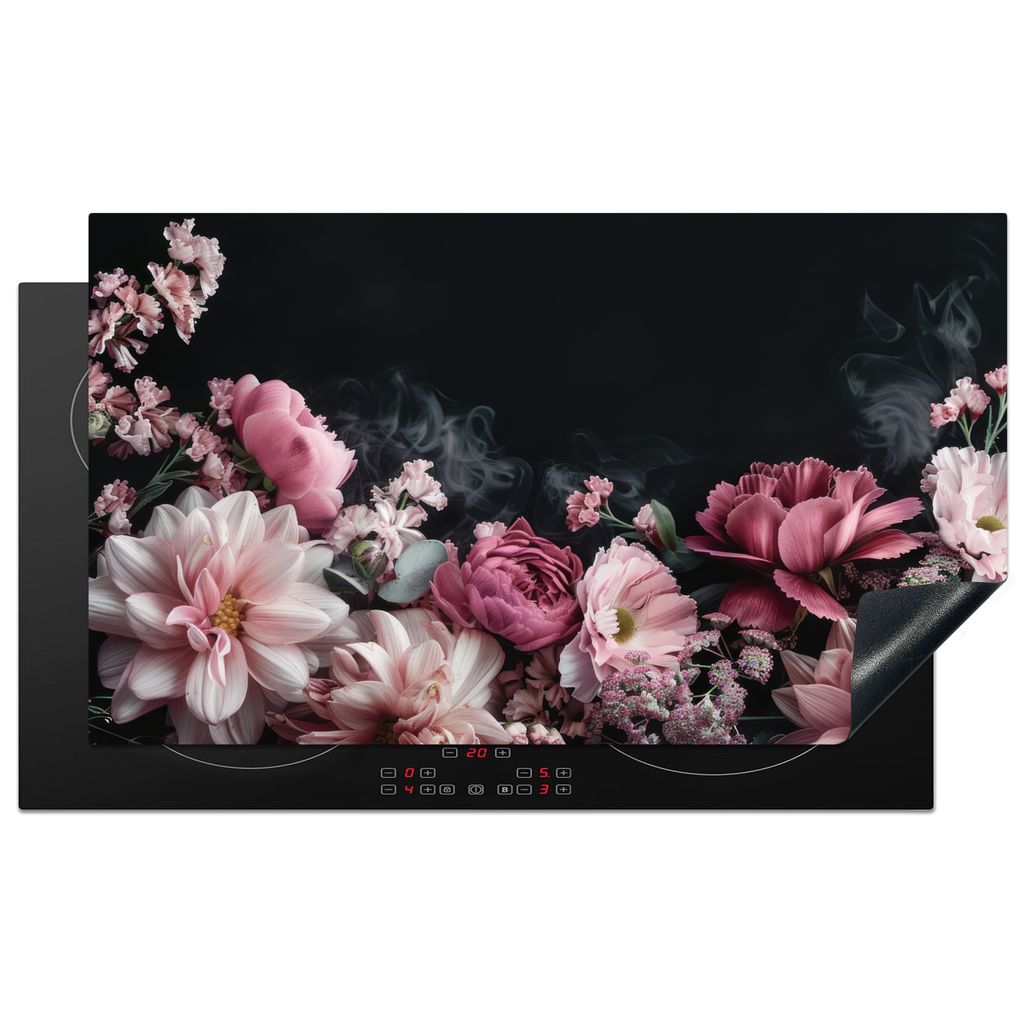 KitchenYeah Herdabdeckplatte Blumen - Rosa - Natur - Schwarz , 89x51cm, Küche Deko, Glaskeramikkochfeld Herdabdeckung, Abdeckplatte fùr Kochfeld