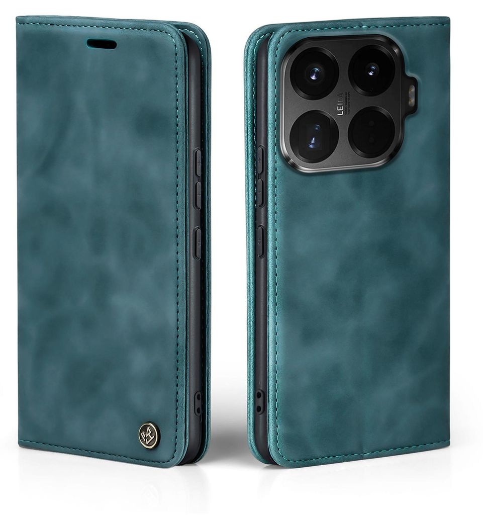 Two views of a teal flip phone case for a Xiaomi 15T Pro, showing the exterior and the camera cutout.