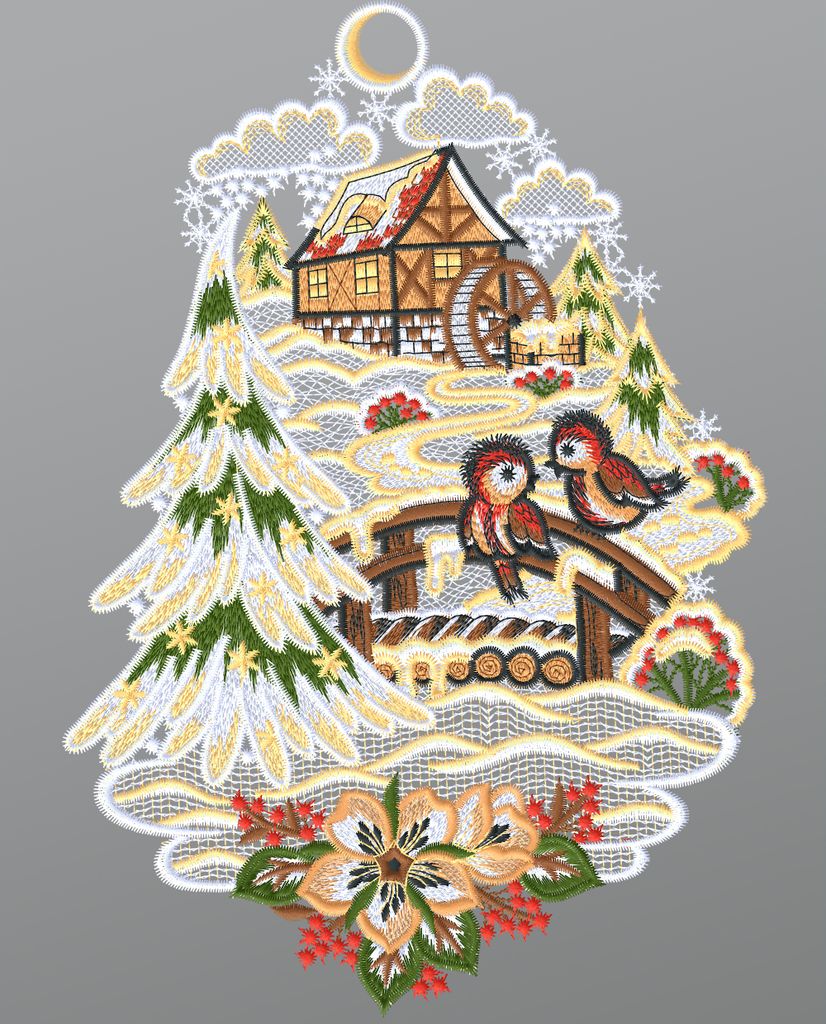 Fensterbild aus Plauener Spitze - Wassermühle in Winterlandschaft (Bx H) 19cm * 27cm mehrfarbig Fensterdekoration Fensterschmuck