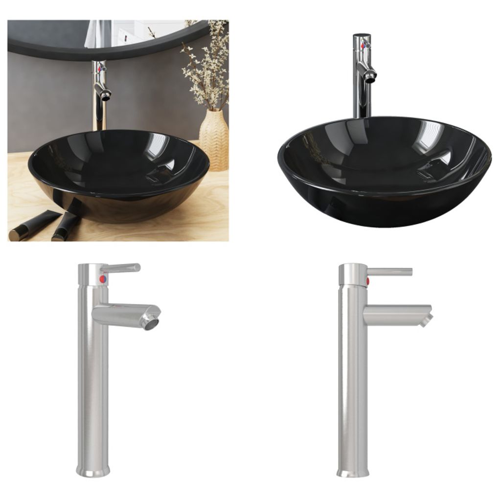vidaXL Badezimmer Waschbecken mit Wasserhahn und Ablaufgarnitur Schwarz gehärtetes Glas - Waschbecken - Spülbecken - Waschtisch - Gehärtetes Glas