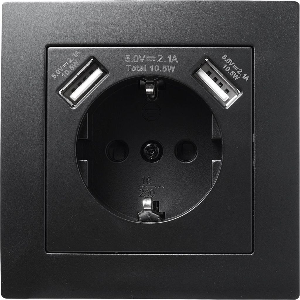 Schutzkontakt-Steckdose mit 2x USB McPower ''Flair'',250V, 5V/2,1A,UP,matt schwarz