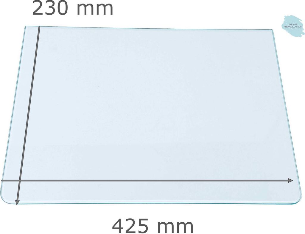 Kühlschrank Einlegeboden - Klarglas 4 mm - 2 abgerundete Ecken - 425 mm x 230 mm - (89,96 EUR / qm - Mindestbfl. 0,25 qm - Kantenb. 5,35 EUR / lfm...