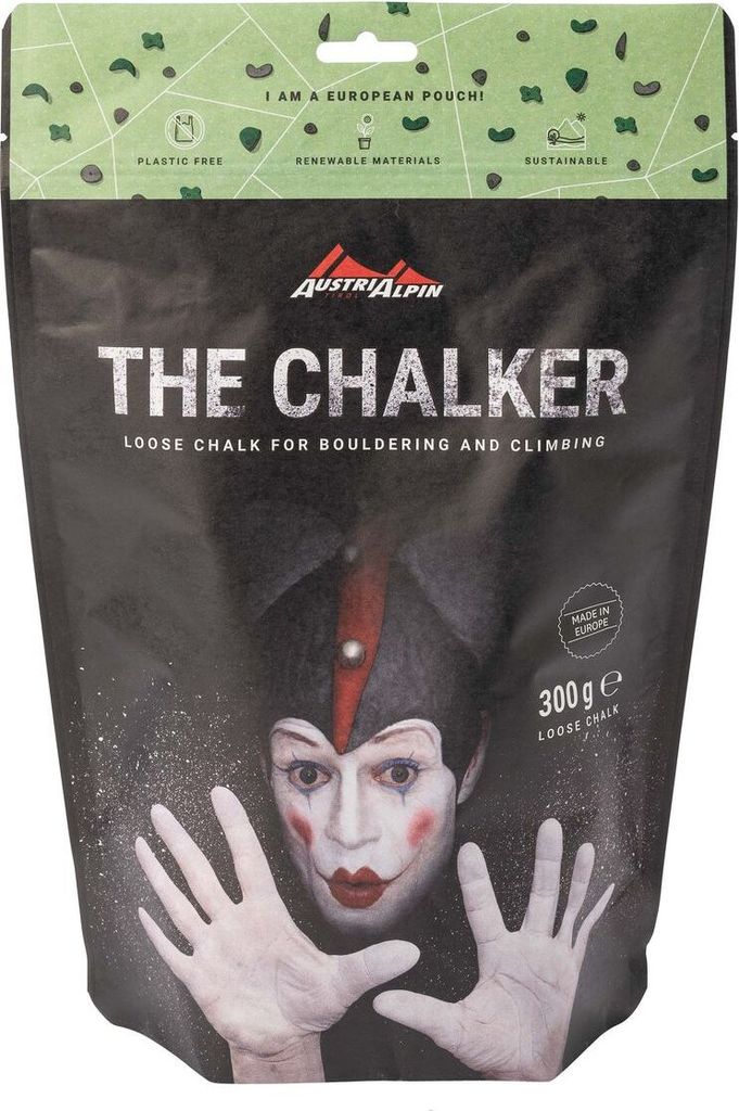Produktverpackung von "Chalkpulver 300g The Chalker" von Austri Alpin; geeignet für Klettern und Bouldern.