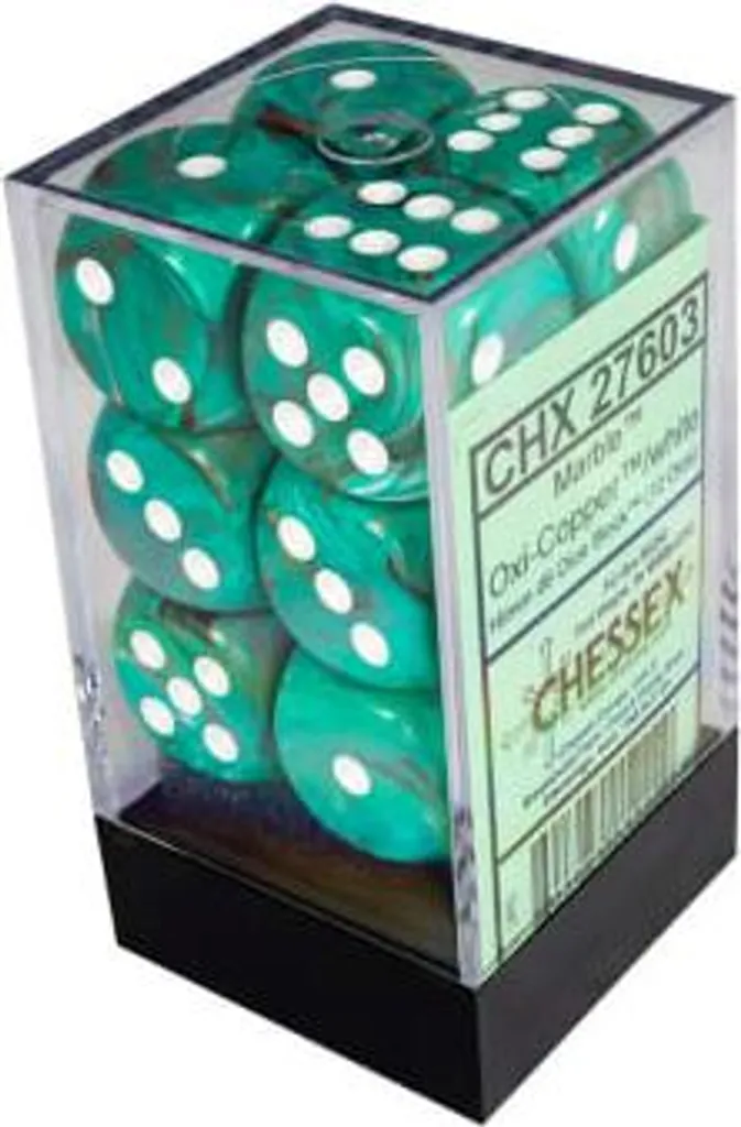 Set de 12 Dés Marbrés Oxi-Cuivre et Blanc Chessex 16mm Haute Qualité