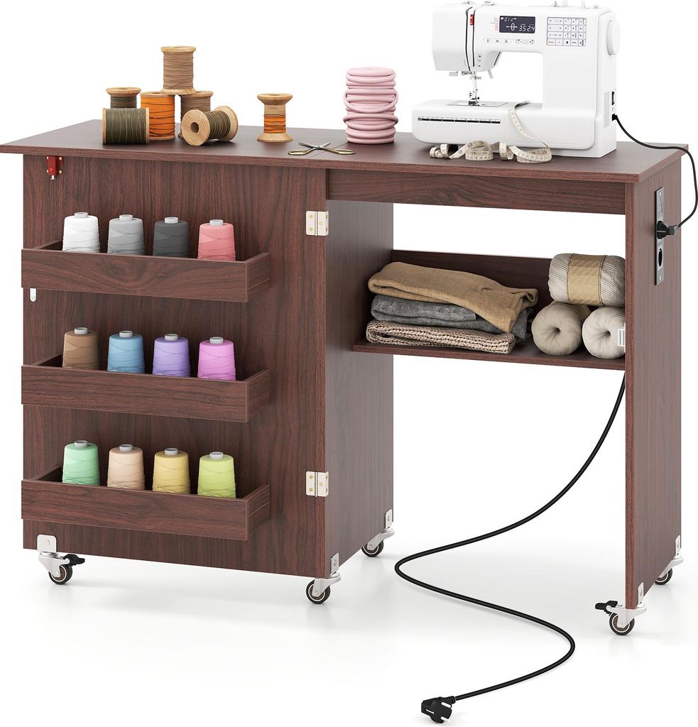 COSTWAY 2 in 1 Nähtisch klappbar mit Ladestation, Regalen & abschließbaren Rädern, Nähmaschinentisch, Nähschrank, Basteltisch Holz Kaffee