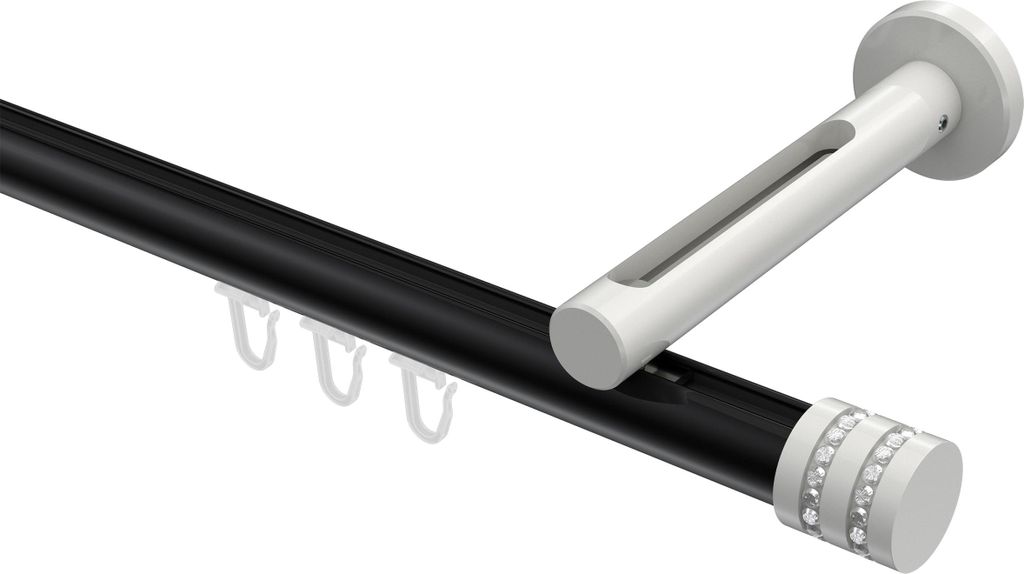 Interdeco Innenlaufstange / Gardinenstange mit Innenlauf Schwarz / Weiß, Typ Siteno Estana (Glitzerkappe), 20 mm Ø 1-läufig, 400 cm