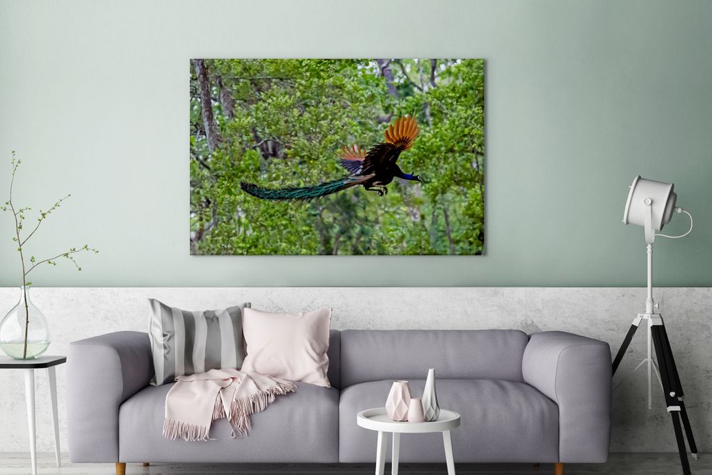 OneMillionCanvasses - Leinwandbilder - 140x90 cm, Pfau - Fliegen - Wald - Blau, Wandbilder Kunstdruck Wanddekoration - Foto auf Leinwand - Gemäl...