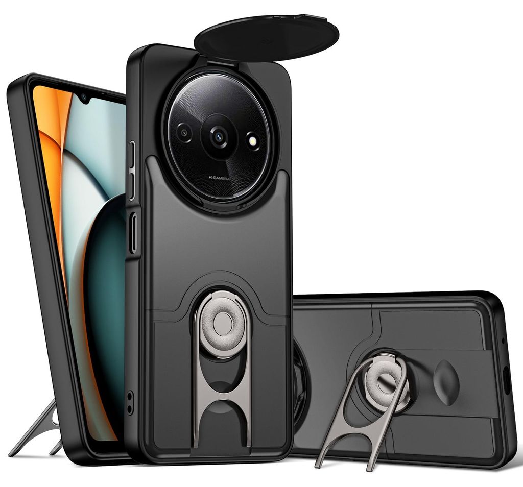 Handyhülle für Xiaomi Poco C61 / Redmi A3 / Redmi A3X mit Dia Kameraschutz und Ringhalter Ständer, Stoßfeste Hybrid Schutzhülle Schwarz