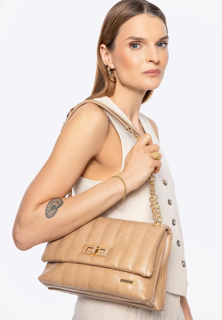 Sac bandoulière femme beige à deux compartiments, pochette de jour