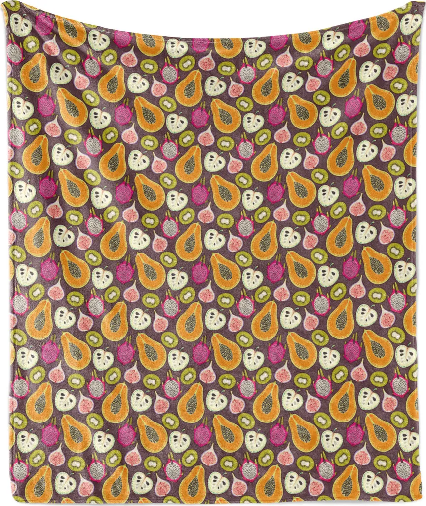 ABAKUHAUS Copriletto morbido in flanella con motivi fruttati, kiwi, fico, papaya e pitaya, morbido peluche per interni ed esterni, 125 x 175 cm, multicolore