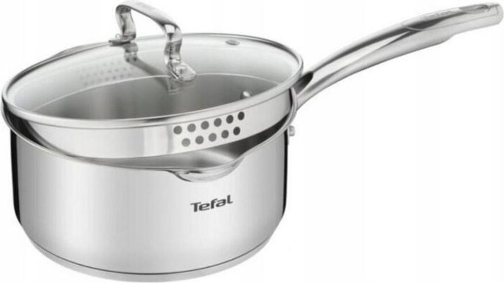 A stainless steel pot with a glass lid and a handle, shown on a white background.
