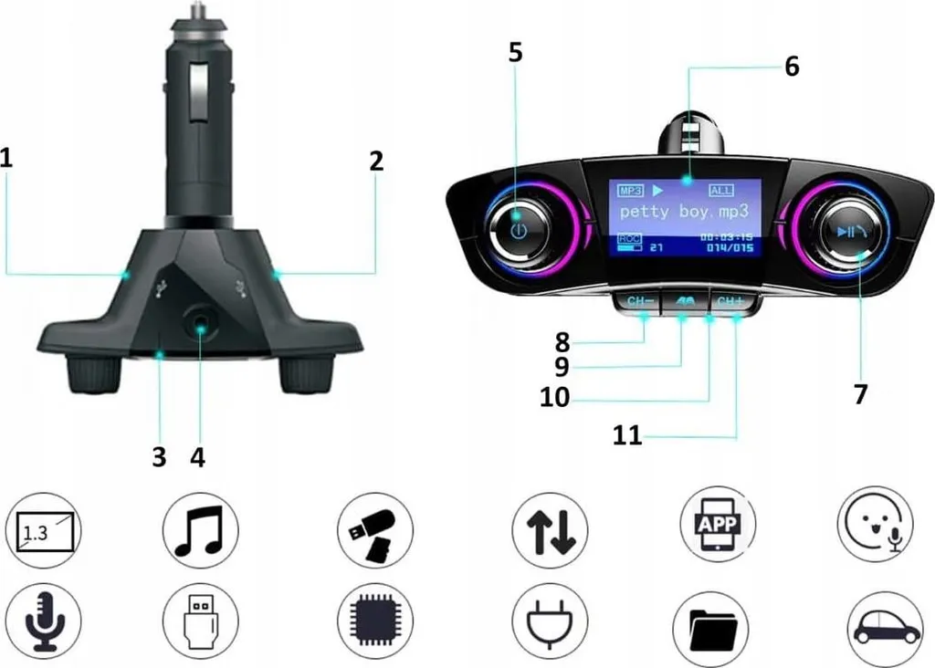 QIKtech T01 trasmettitore FM Bluetooth con caricatore USB PENDRIVE SD 2X - 7