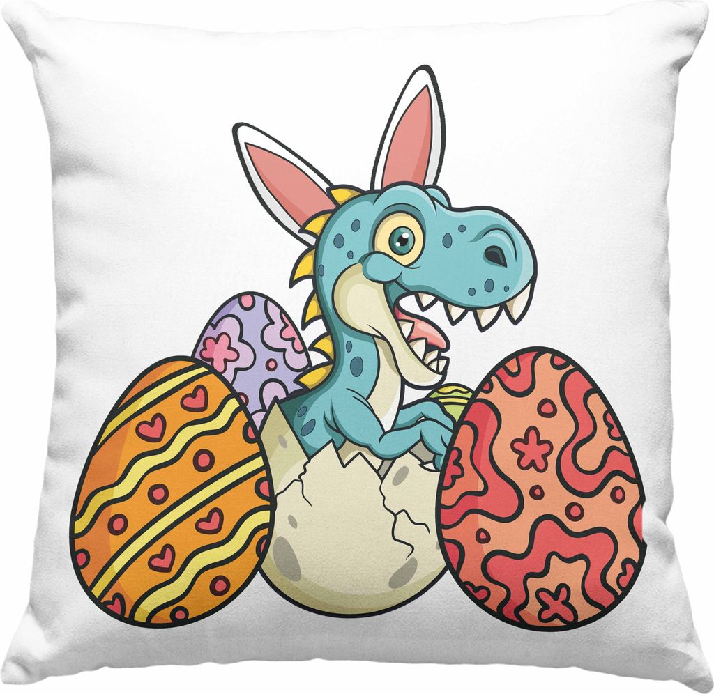Trendation - Deko-Kissen mit Füllung 40x40 Ostern T-Rex Dino Ostergeschenke Kinder Jugendliche Geschenke Lustige Grafik Osterhase Ostereier (Blau)