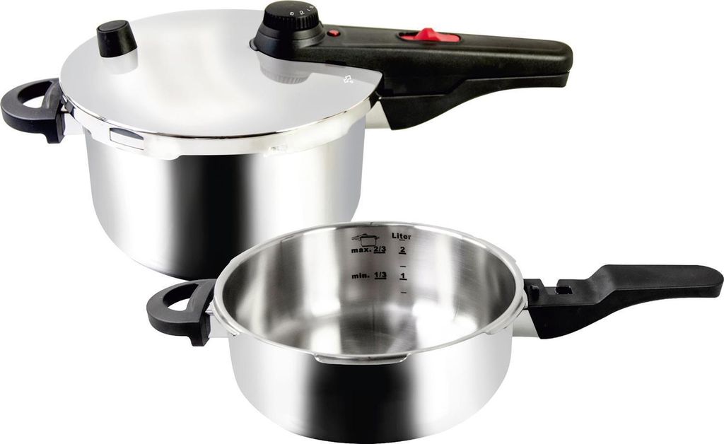 A stainless steel pressure cooker and its inner pot are displayed against a white background.