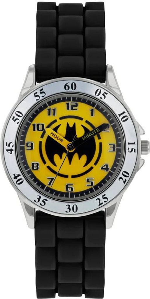 A close-up studio shot of a Batman-themed children's watch against a white background.