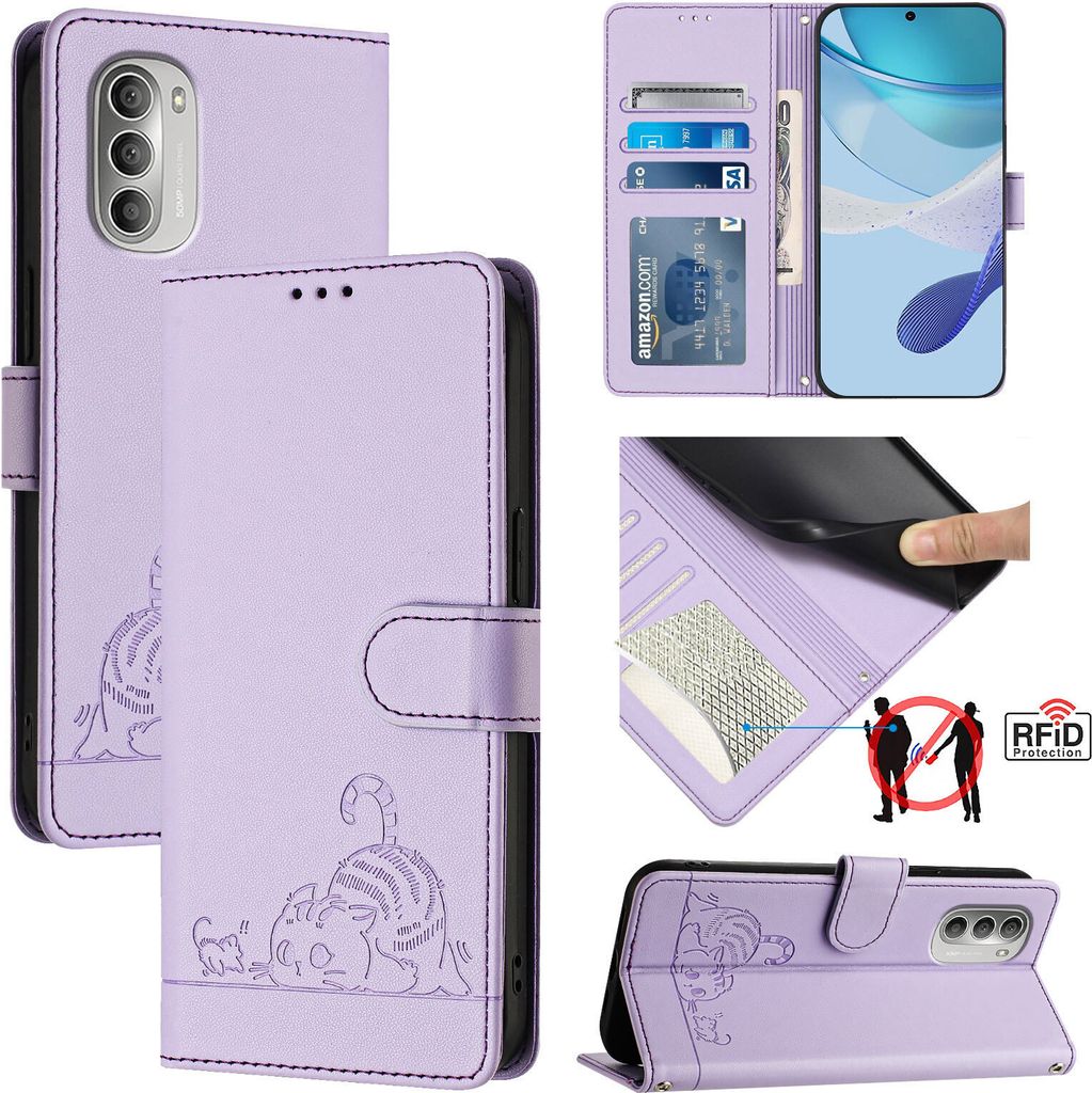 Leder Hülle für Motorola Moto G51 5G Süße Katze Flip Case Brieftasche Schutzhülle mit Standfunktion Lila