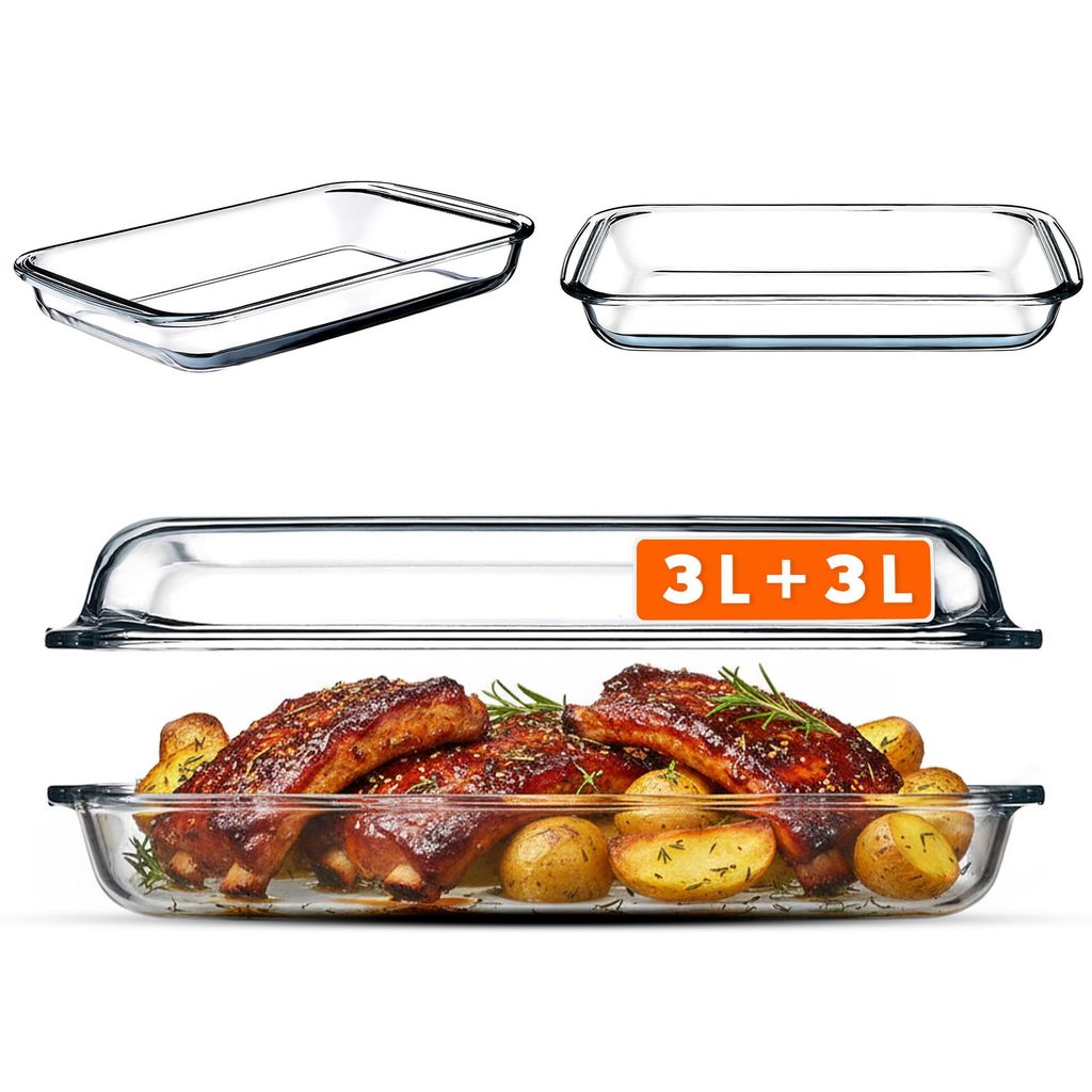 A collage of glass baking dishes, one filled with roasted ribs and potatoes, and two empty dishes.