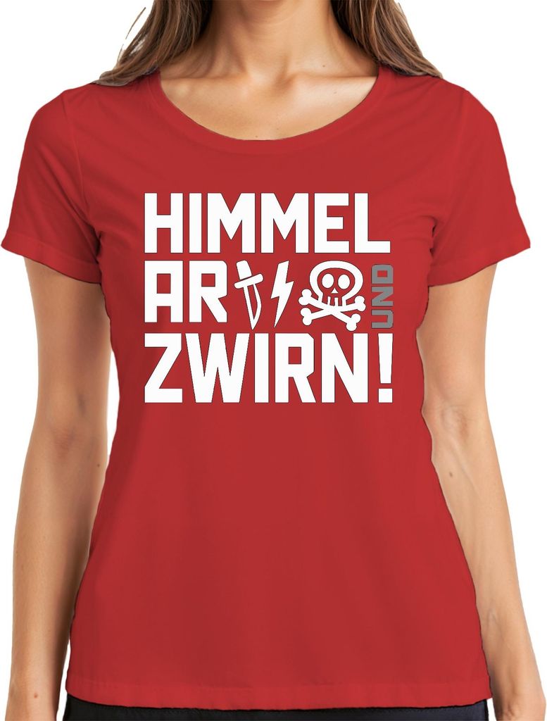 Himmel Arsch und Zwirn frech lustig Totenkopf Punk Blitz Messer Damen T-Shirt, Rot, 3XL