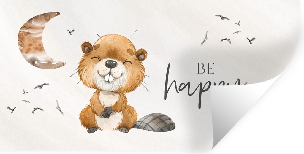 MuchoWow Wandtattoo Wandsticker Wandaufkleber Zitate - Glücklich sein - Kinder - Mond - Biber - Aquarell 160x80 cm Selbstklebend und Repositioni...