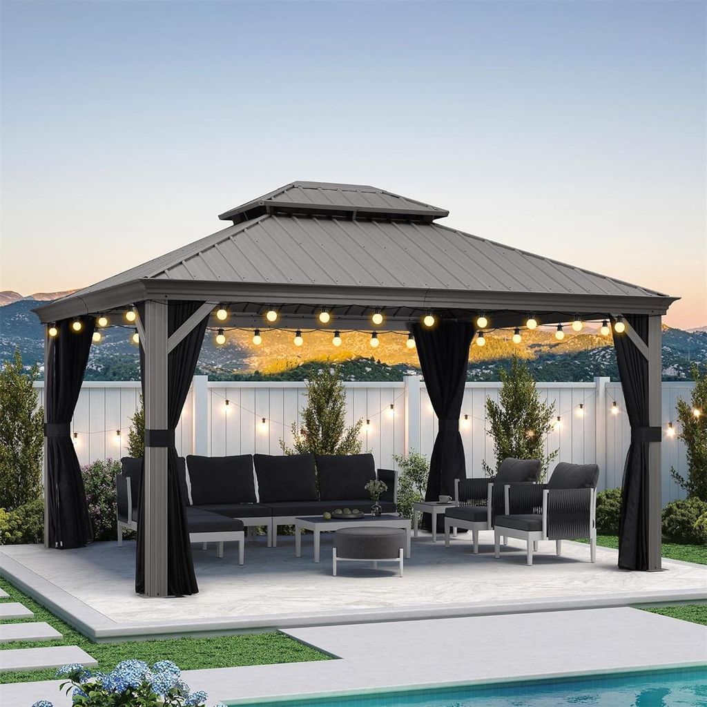 PURPLE LEAF Hardtop Pavillon 3.65x4.25m wasserdicht winterfest und stabil für den Garten,Hellgrau,mit Beleuchtung