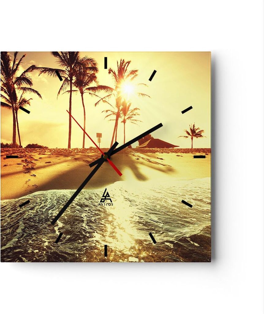Wanduhr - Quadrat - Glasuhr - Strand Meer Palme - 30x30cm - Schleichendes Uhrwerk - Lautlos - zum Aufhängen bereit - Dekoration Modern - Wanddekor...