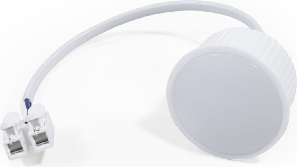 A white LED module with a white cable and two white connectors, isolated on a white background.