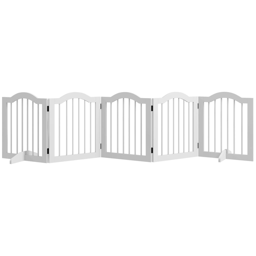 Hunde-Absperrgitter, 5 Paneele, klappbar, flexibel, Massivholz/MDF, 261,5x29,5x61 cm, Weiß, platzsparend, stabil, für Wohnzimmer und Schlafzimmer