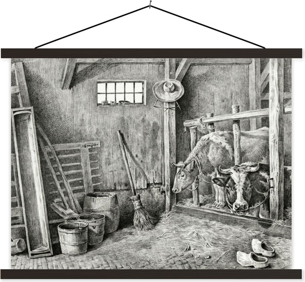 MuchoWow Textilposter Pferdestall mit zwei Kühen - Gemälde von Jean Bernard 120x90 cm mit schwarzem Rahmen - Aufhänger für Poster