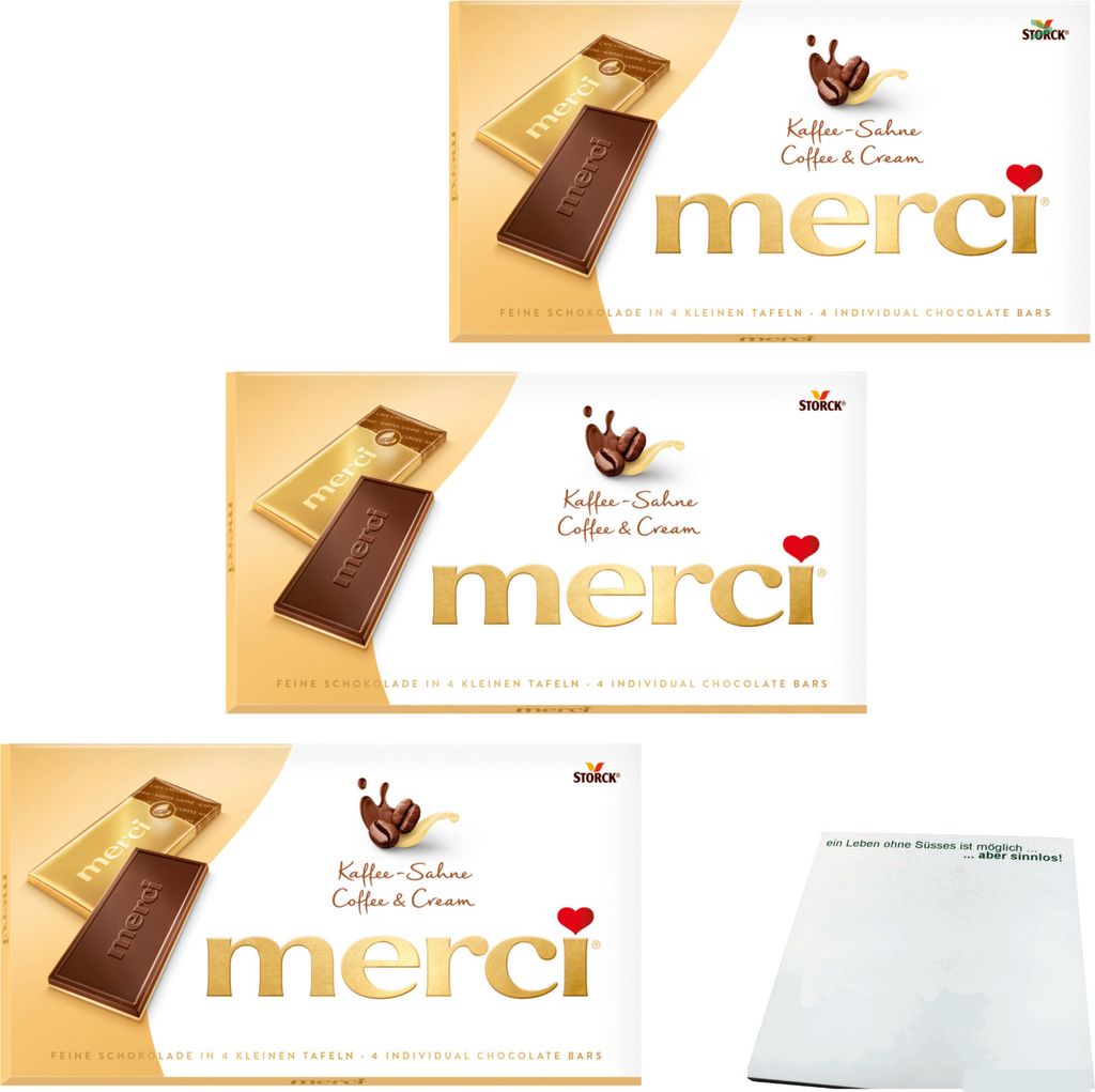 Three identical boxes of Merci coffee and cream chocolate bars are shown, along with a separate white item that appears to be a notepad or similar.