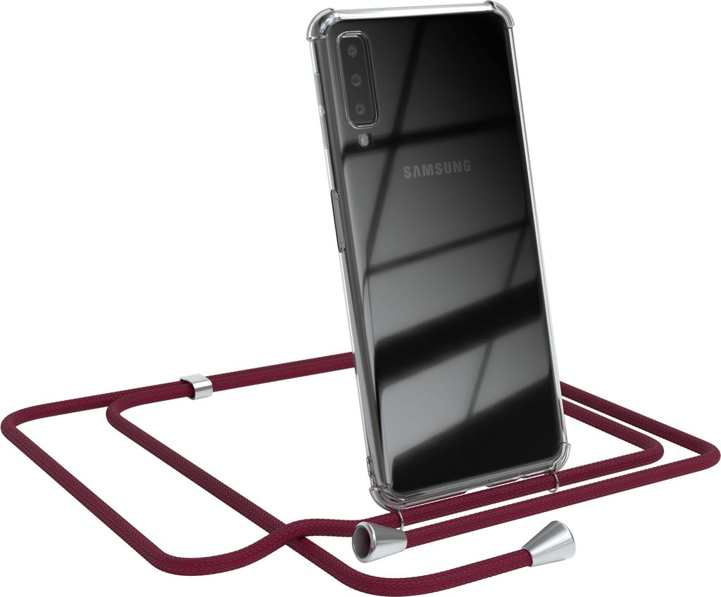 EAZY CASE Handykette kompatibel mit Samsung Galaxy A7 2018, Handyhülle mit Umhängeband, Handykordel, Schutzhülle Clear, Band in Rot