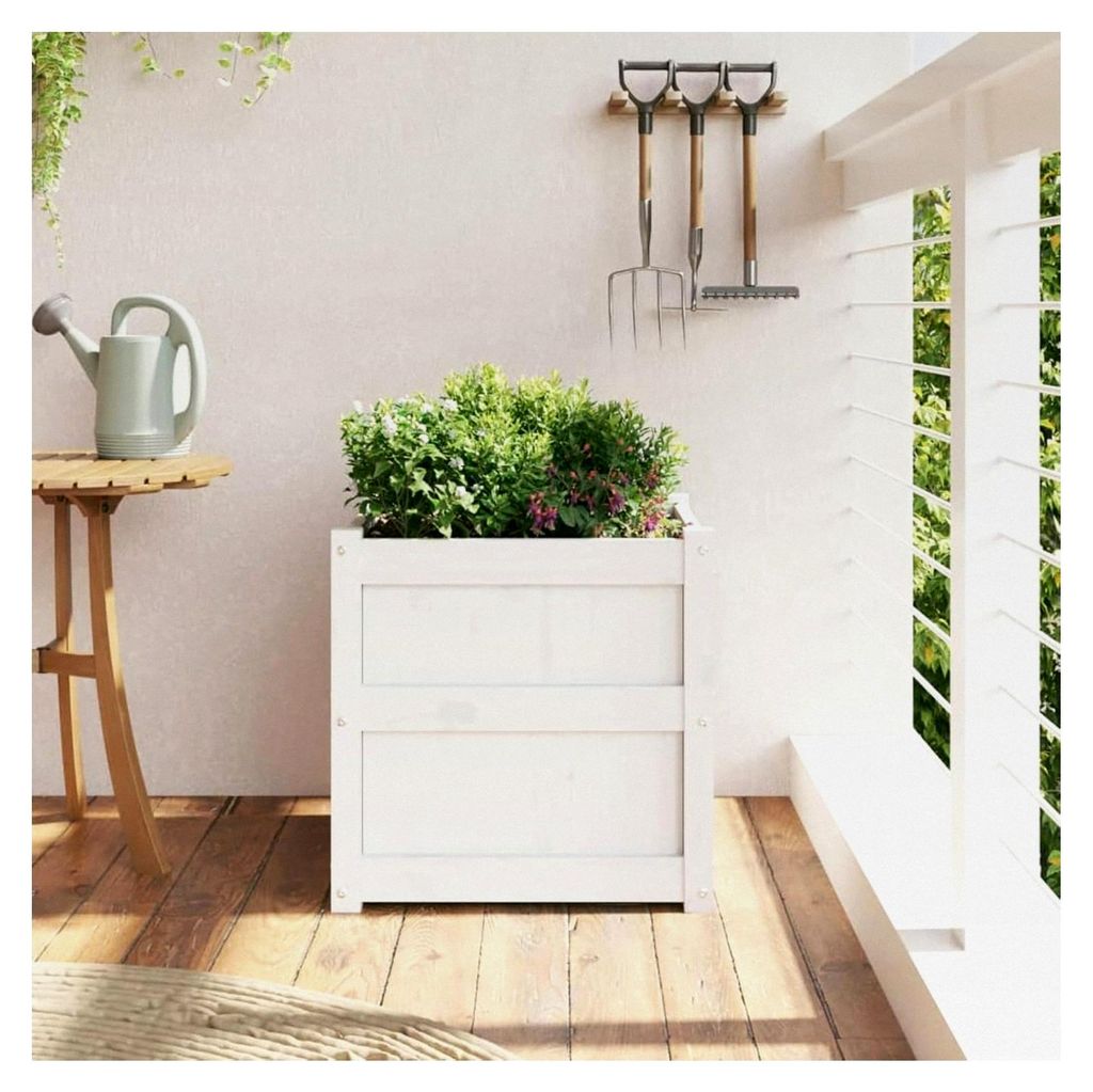 Pflanzkübel Weiß 50x50x50 cm aus massivem Kiefernholz, Blumentopf für Garten, Balkon und Terrasse