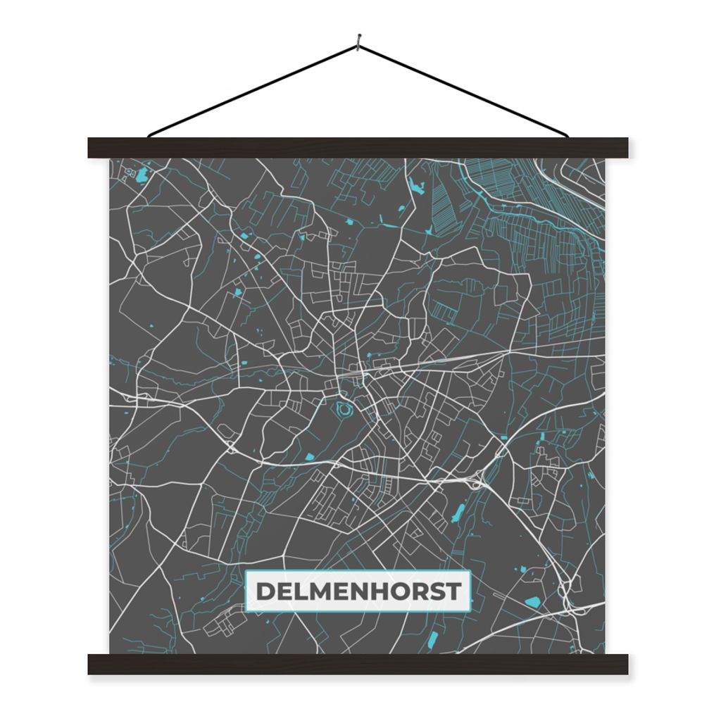 MuchoWow Textilposter Karte - Stadtplan - Delmenhorst - Deutschland - Blau 120x120 cm mit schwarzem Rahmen - Aufhängungsset
