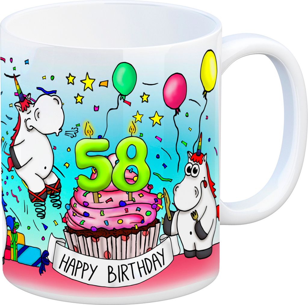 Honeycorns Tasse zum 58. Geburtstag mit Muffin und Einhorn Party Kaffeebecher